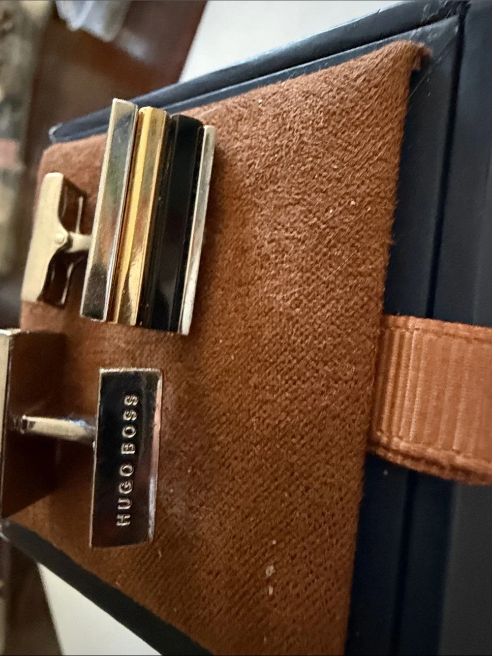 Hugo Boss Gold and Brown Striped Enamel Cufflinks